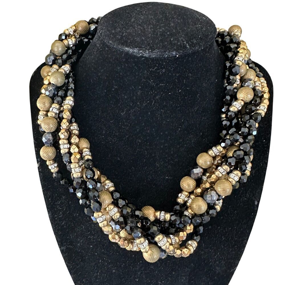 Vintage Diva Multi Strand Beaded Statement Necklace Black and Gold Bold Costume